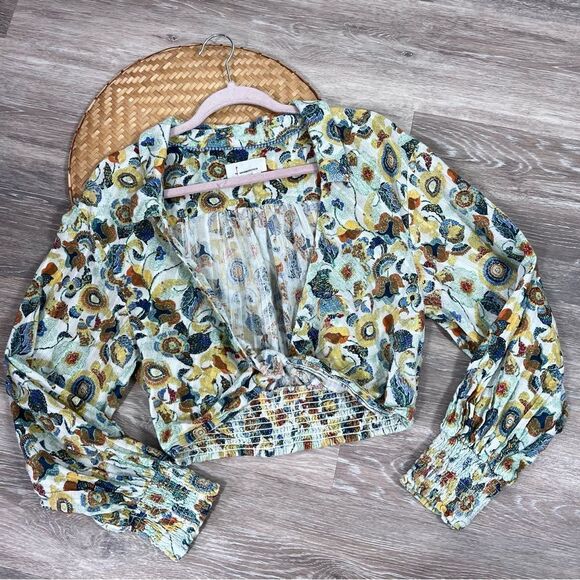 Anthropologie twist front boho floral printed balloon sleeve blouse - Picture 2 of 7